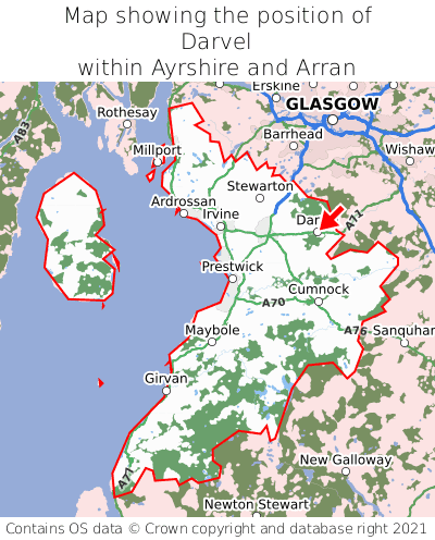 Map showing location of Darvel within Ayrshire and Arran