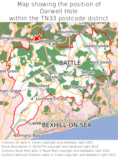 Map showing location of Darwell Hole within TN33