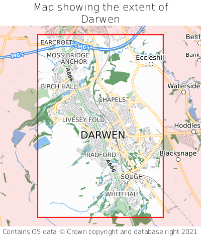 Map showing extent of Darwen as bounding box