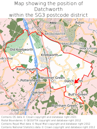 Map showing location of Datchworth within SG3