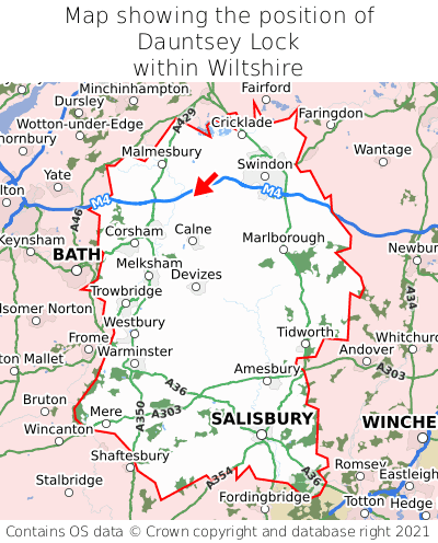 Map showing location of Dauntsey Lock within Wiltshire