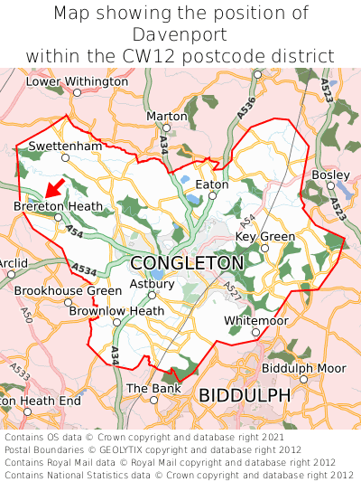 Map showing location of Davenport within CW12