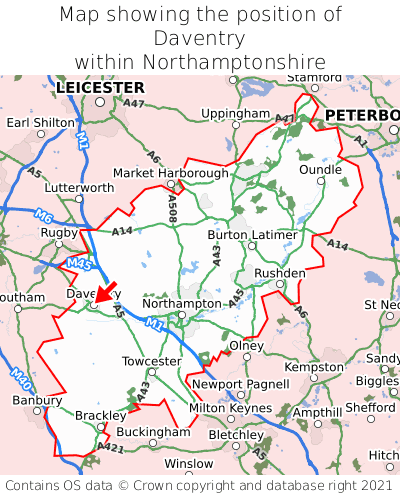 Map showing location of Daventry within Northamptonshire