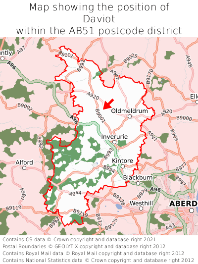 Map showing location of Daviot within AB51