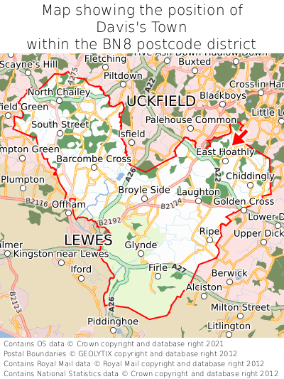 Map showing location of Davis's Town within BN8
