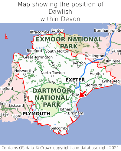 Map showing location of Dawlish within Devon