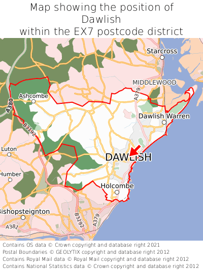 Map showing location of Dawlish within EX7