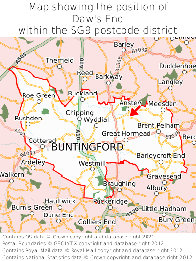 Map showing location of Daw's End within SG9