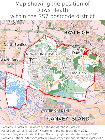 Map showing location of Daws Heath within SS7