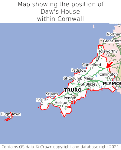 Map showing location of Daw's House within Cornwall