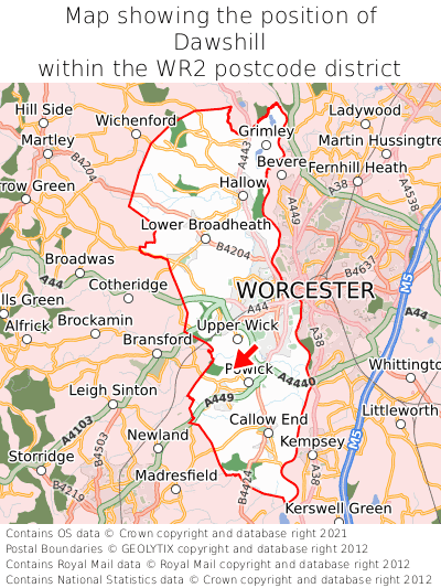 Map showing location of Dawshill within WR2