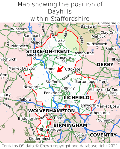 Map showing location of Dayhills within Staffordshire