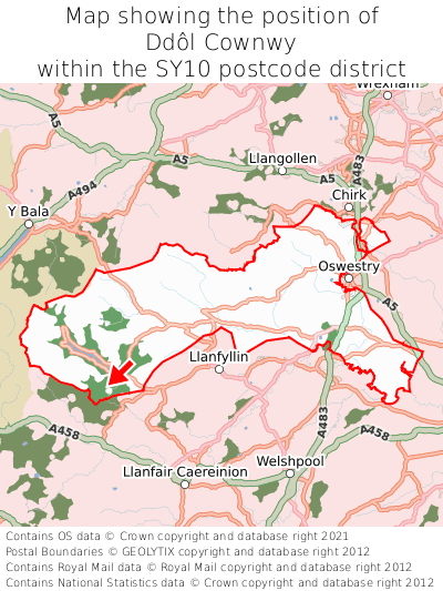 Map showing location of Ddôl Cownwy within SY10
