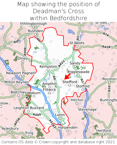 Map showing location of Deadman's Cross within Bedfordshire