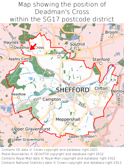 Map showing location of Deadman's Cross within SG17