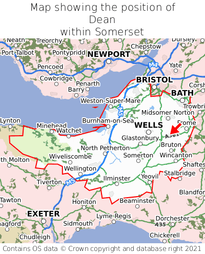 Map showing location of Dean within Somerset