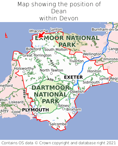 Map showing location of Dean within Devon