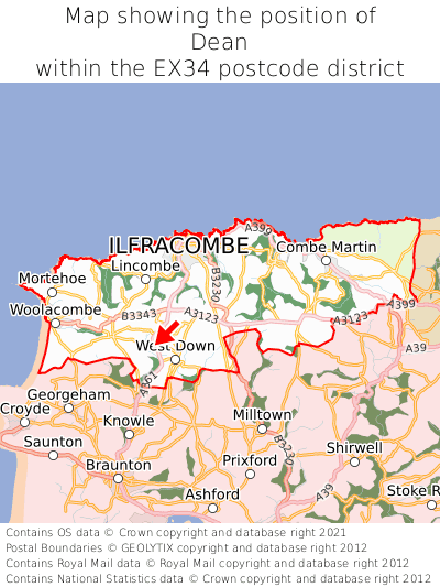 Map showing location of Dean within EX34