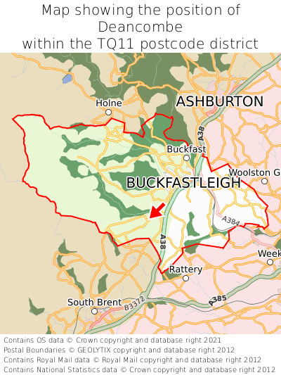 Map showing location of Deancombe within TQ11