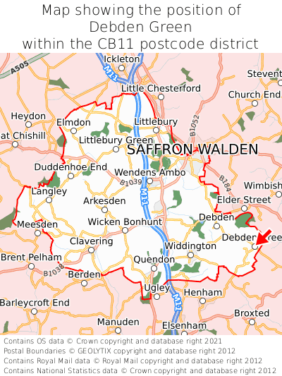 Map showing location of Debden Green within CB11