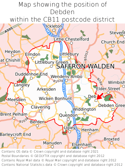 Map showing location of Debden within CB11