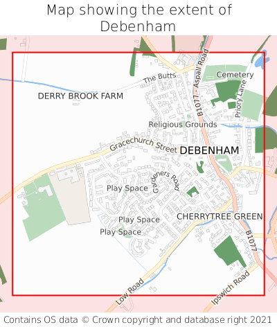 Map showing extent of Debenham as bounding box