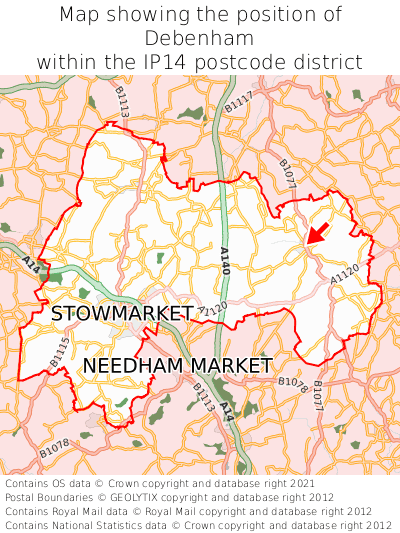 Map showing location of Debenham within IP14