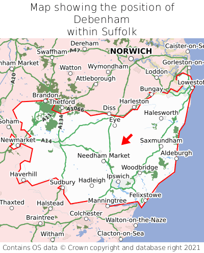 Map showing location of Debenham within Suffolk