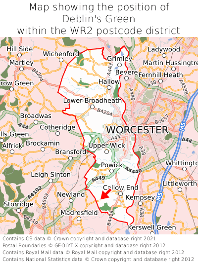 Map showing location of Deblin's Green within WR2
