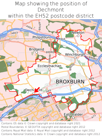 Map showing location of Dechmont within EH52