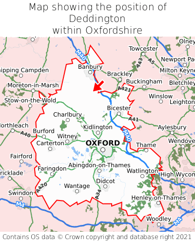 Map showing location of Deddington within Oxfordshire