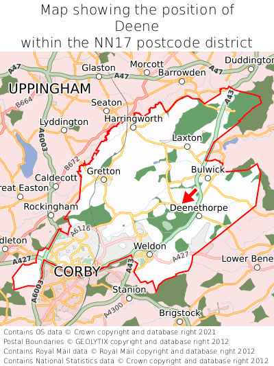 Map showing location of Deene within NN17