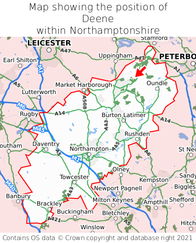 Map showing location of Deene within Northamptonshire