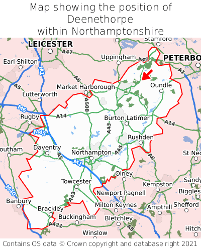 Map showing location of Deenethorpe within Northamptonshire