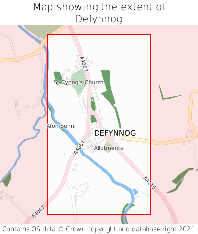 Map showing extent of Defynnog as bounding box
