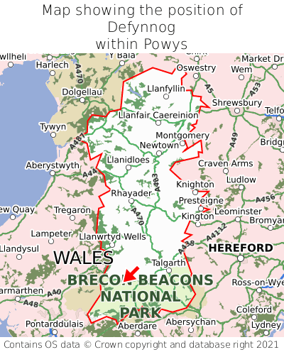 Map showing location of Defynnog within Powys