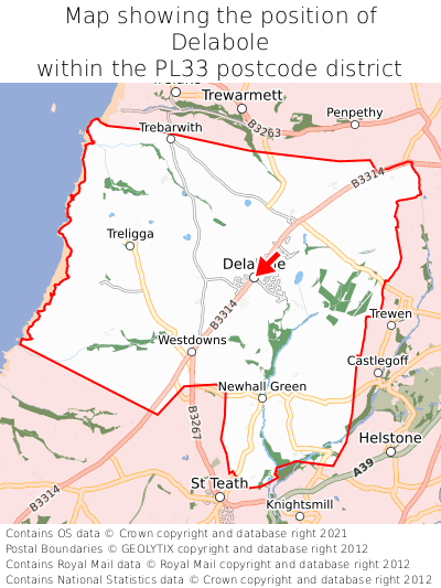 Map showing location of Delabole within PL33