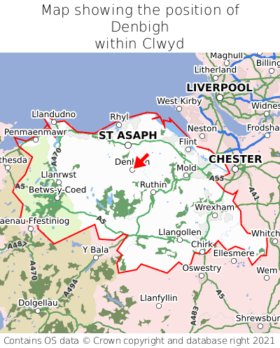 Map showing location of Denbigh within Clwyd