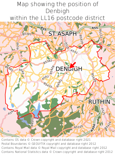 Map showing location of Denbigh within LL16