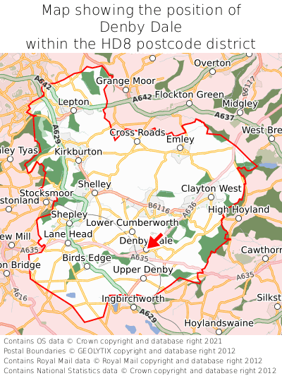 Map showing location of Denby Dale within HD8