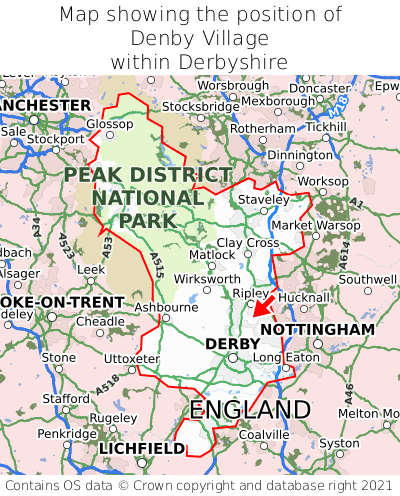 Map showing location of Denby Village within Derbyshire