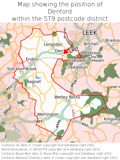 Map showing location of Denford within ST9
