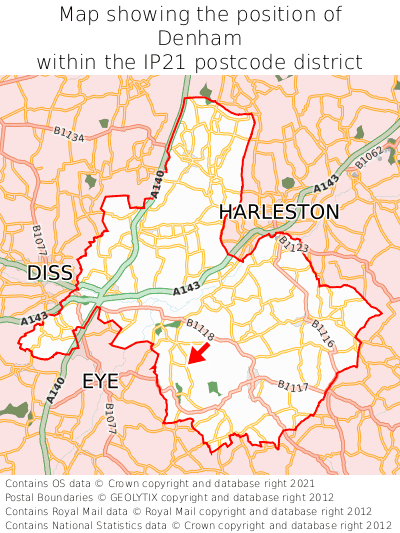 Map showing location of Denham within IP21