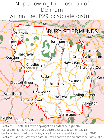Map showing location of Denham within IP29