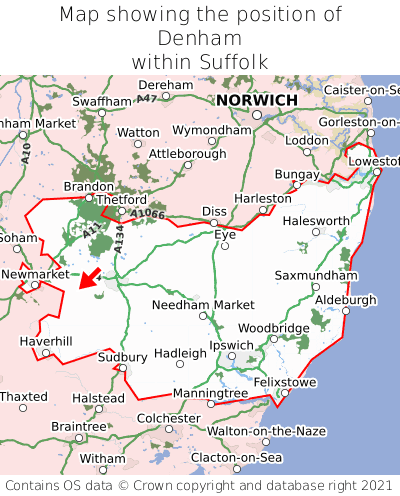 Map showing location of Denham within Suffolk