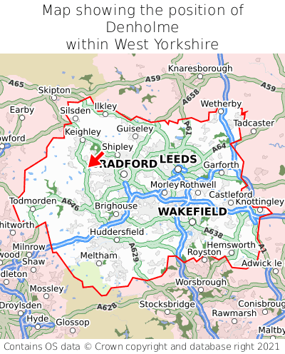 Map showing location of Denholme within West Yorkshire