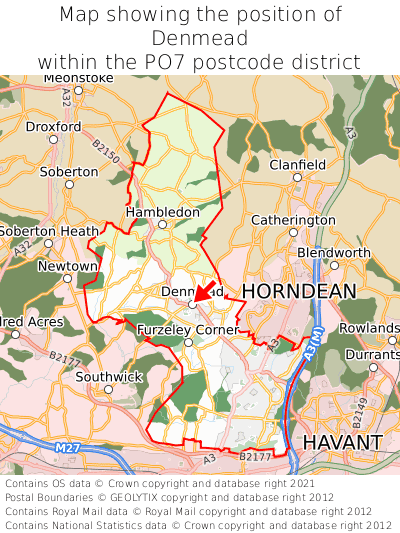 Map showing location of Denmead within PO7