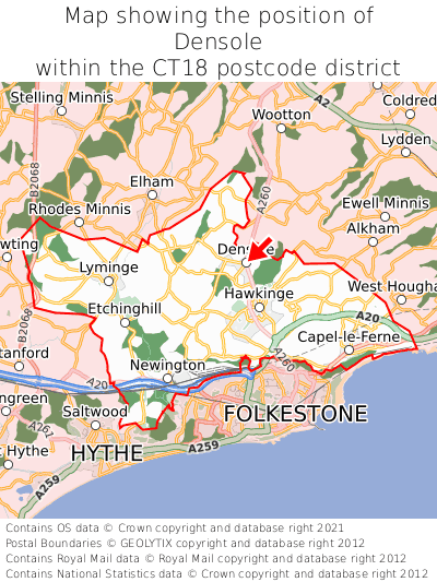 Map showing location of Densole within CT18