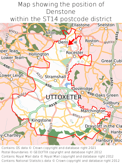 Map showing location of Denstone within ST14