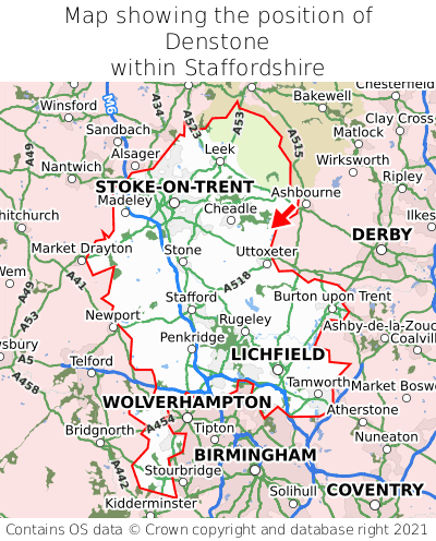 Map showing location of Denstone within Staffordshire